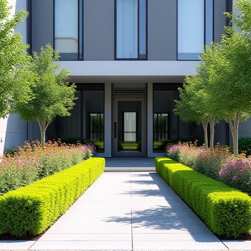 Commercial building entrance with fresh, modern landscaping