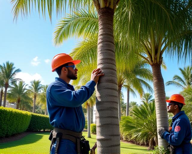 Five Star Landscaping crew professionally trimming palm trees