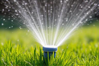 Automatic sprinkler system watering a lawn