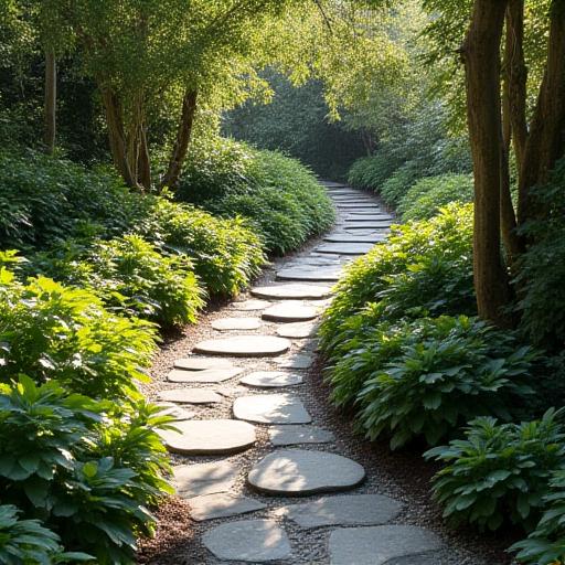 Exquisite custom stone garden pathway winding through verdant foliage